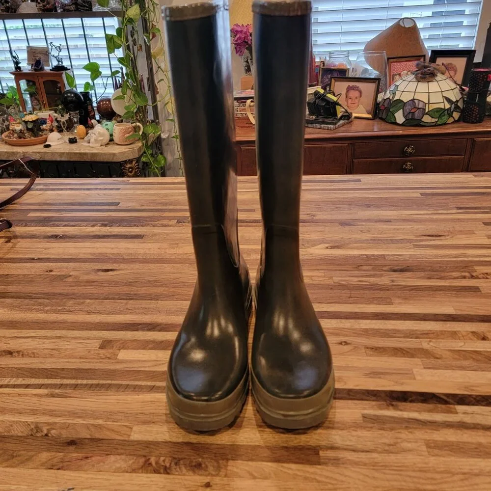 Tory Burch Tall Logo Black & Gray Rubber Rain Boots